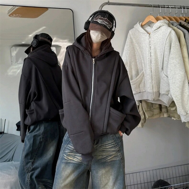 抖音得物高品质二开25秋冬美式重磅宽松结构设计连帽卫衣外套W78,男装卫衣,电商A486