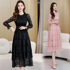 2021春装新款时尚蕾丝蛋糕裙大摆收腰连衣裙，女装连衣裙，尚洛菲
