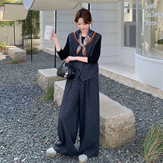 巨好看打底衫马甲阔腿裤套装女春秋爆款高级感ootd三件套超火爆款，女装套装/套裙，2C007