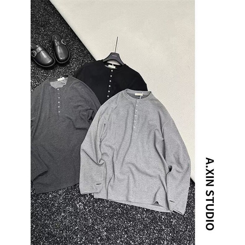 慵懒亨利秋羊毛纯色五扣亨利领宽松百搭长袖T恤ZZS148P50，男装T恤，电商D256A(原A064A)