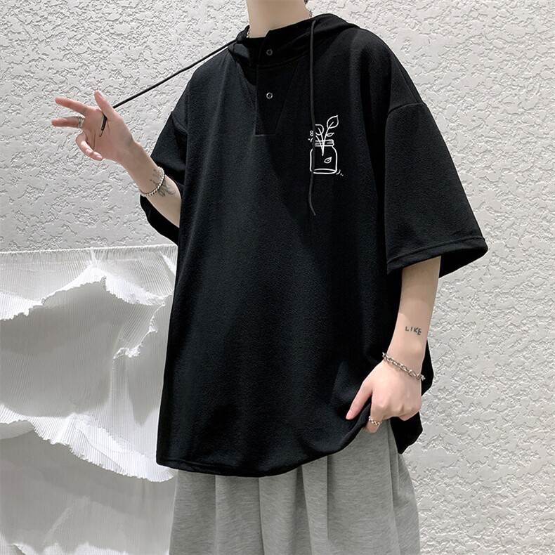 LD5430-P45连帽短袖t恤男大码胖子带帽五分袖中袖,男装T恤,电商A040
