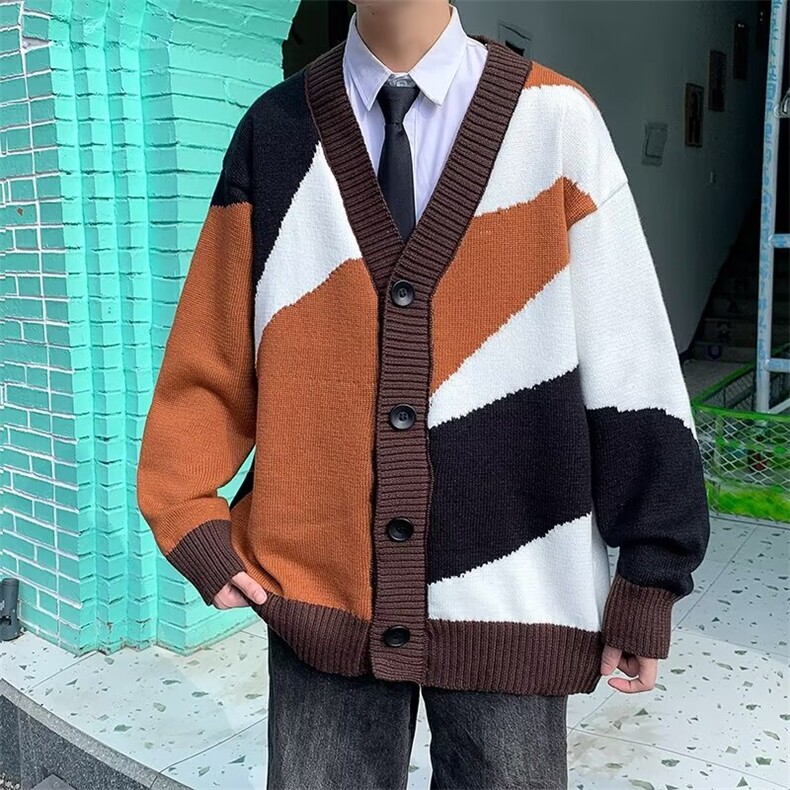 黑白拼色仿水貂绒毛衣外套男2024秋装宽松外穿针织开衫M7028,男装针织衫/毛衣,星座1116A-1（原606A）