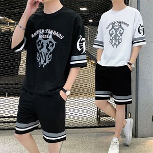 新款夏季潮牌五分裤两件套青少年运动休闲短袖T恤套装男F67P58图片