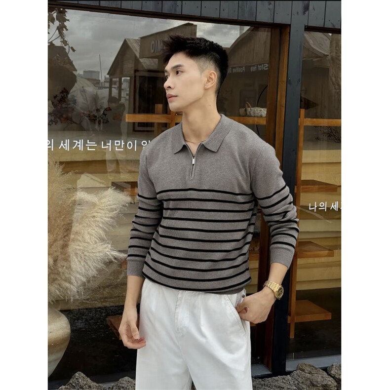 polo长袖毛衣针织衫拼接色宽松打底衫E41071-P78,男装T恤,星座1012-1