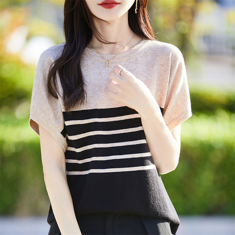 法式拼色条纹冰丝针织小飞袖T恤女2025夏薄透气显瘦上衣短袖T恤衫,针织衫/毛衣,斯美雅安迪绒