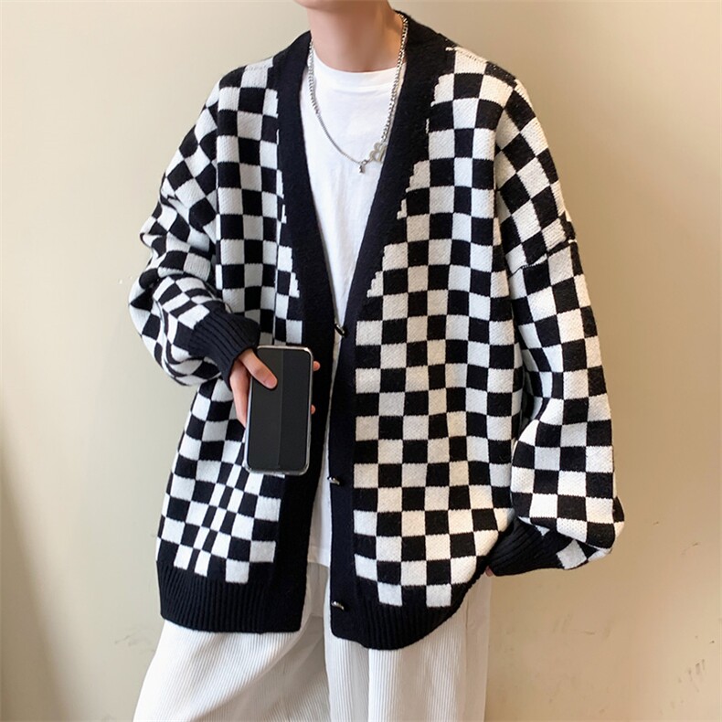 M3125-P85秋装新款潮流棋盘格毛衣男女情侣宽松针织开衫上衣外套图片