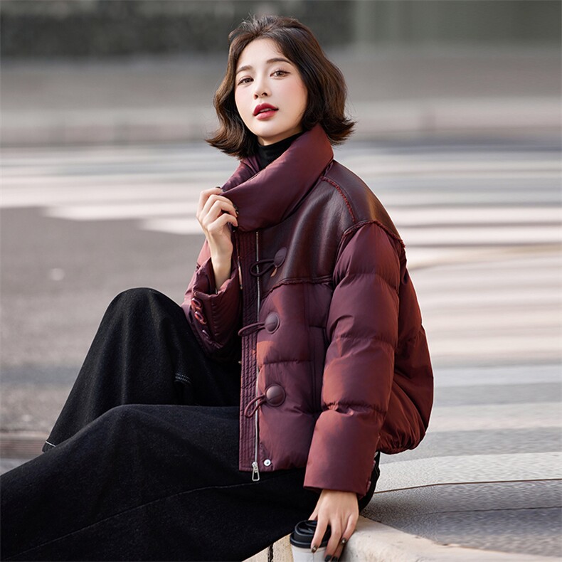 小个子羽绒服女2024冬季新款独特超好看设计感短款红色拼皮厚外套,女装羽绒服,靓衣阁
