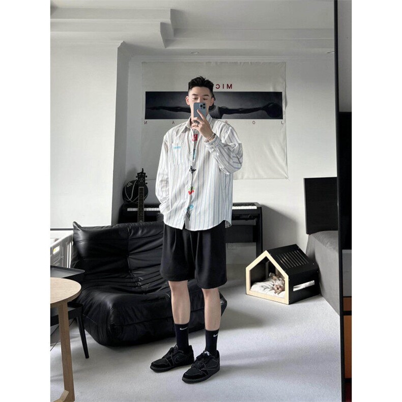 文艺感刺绣衬衫男女长袖春夏防晒休闲宽松外套竖条纹衬衣CX22,男装衬衫,星座1116A（原606A-3）
