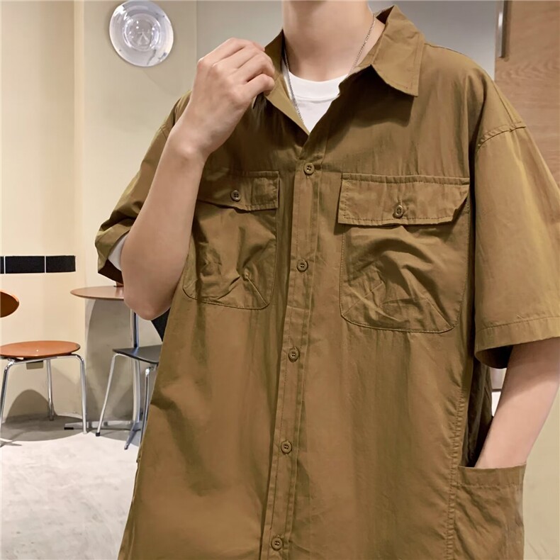 日系复古宽松短袖衬衫男工装外套衬衣中性小众上衣C02212-P38,男装衬衫,星座308B-2