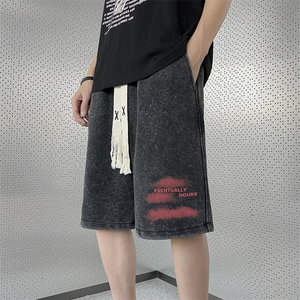 K906P40金属墙重磅280克短裤男水洗五分休闲裤云朵印花裤子,五十岁爸爸穿衣搭配图片