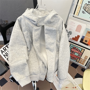 高街美式设计感不规则双拉链卫衣男女春秋重磅连帽外套W0185-P70