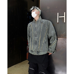 美式复古流苏毛边水洗牛仔外套男秋新款机车拉链夹克JK08632-P70图片