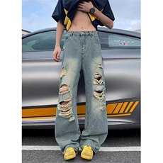 破洞阔腿牛仔裤男女新款复古宽松直筒设计显瘦拖地裤NB818，男装牛仔裤，星座1116A（原606A-3）