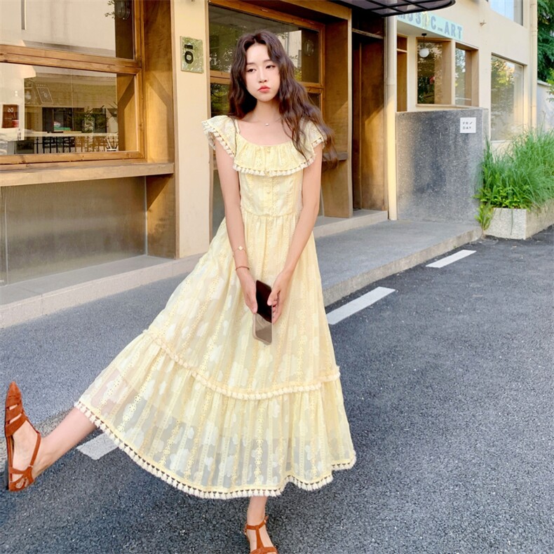 木耳边刺绣连衣裙女夏季2025新款高级感法式温柔风收腰显瘦长裙,女装连衣裙,2C087