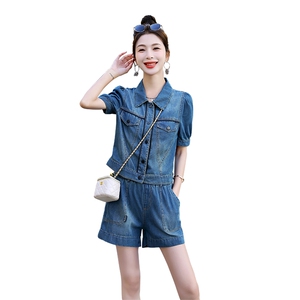 欧货减龄小个子薄款牛仔时尚套装潮2024夏新款女洋气休闲阔腿短裤图片