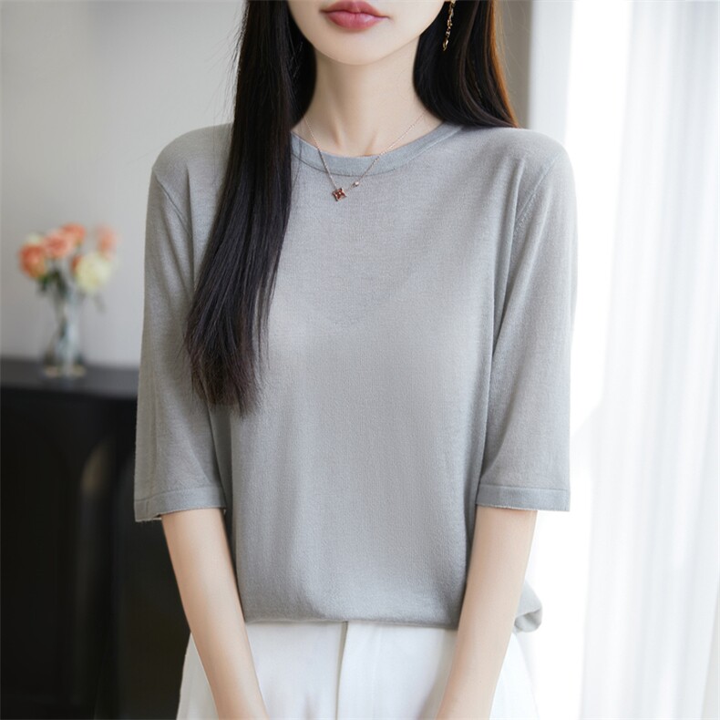 2025春季新款圆领短袖针织T恤中袖上衣女七分袖时尚百搭五分袖，女装针织衫/毛衣，暖烁特种纱工厂店