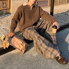 重磅北极绒假两件衬衫领毛衣美式高街复古休闲慵懒纯色翻领针织衫，男装针织衫/毛衣，电商A486-1