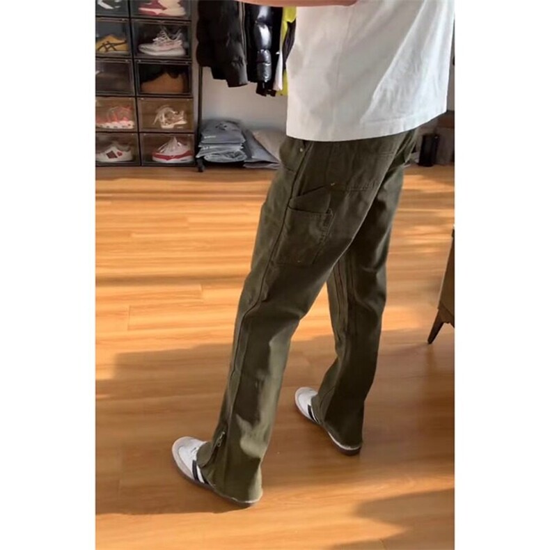现货~军绿色修身侧拉链牛仔裤伐木裤子微喇工装裤KZ7773P65,男装牛仔裤,星座908