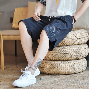 夏季棉麻五分裤男装风麒麟刺绣短裤直筒盘扣A266-1-K53-P40图片