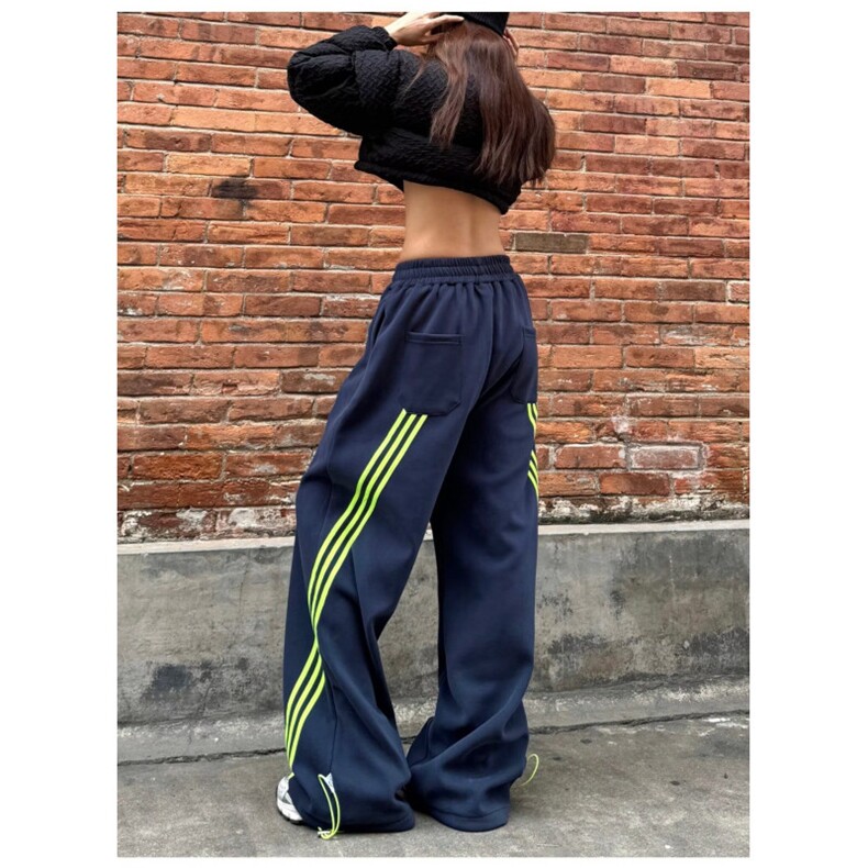 设计感条纹阔腿运动裤男女春季美式复古休闲宽松垂感拖地裤子长裤,女装休闲裤,四季星座505