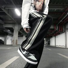 男春季高品质美式ins炸街条纹运动裤直筒宽松垂感休闲长裤Z32P35，男装休闲裤，星座1116-2