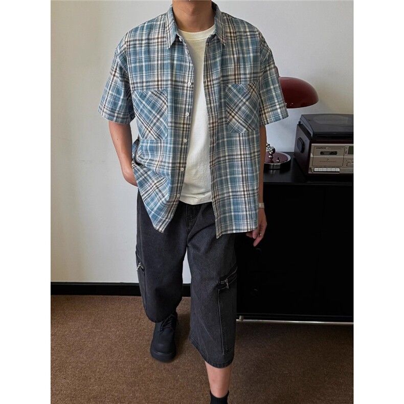 美式复古磨毛格纹短袖衬衫男女夏季潮牌休闲外套痞帅衬衣XG149,男装T恤,星座208-5