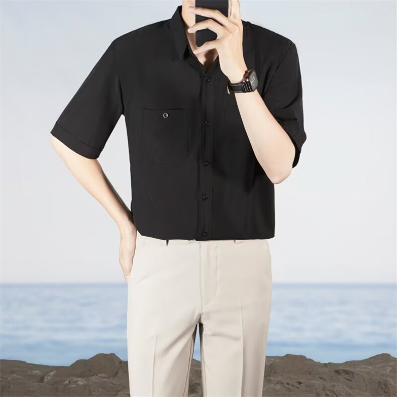 短袖衬衫双口袋男夏季宽松五分袖白衬衣休闲抗皱免烫 D5图片