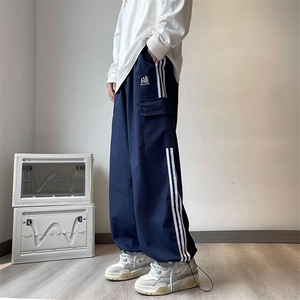 美式复古宽松直筒百搭工装裤秋季侧边条纹休闲阔腿裤男 K7379-P38图片