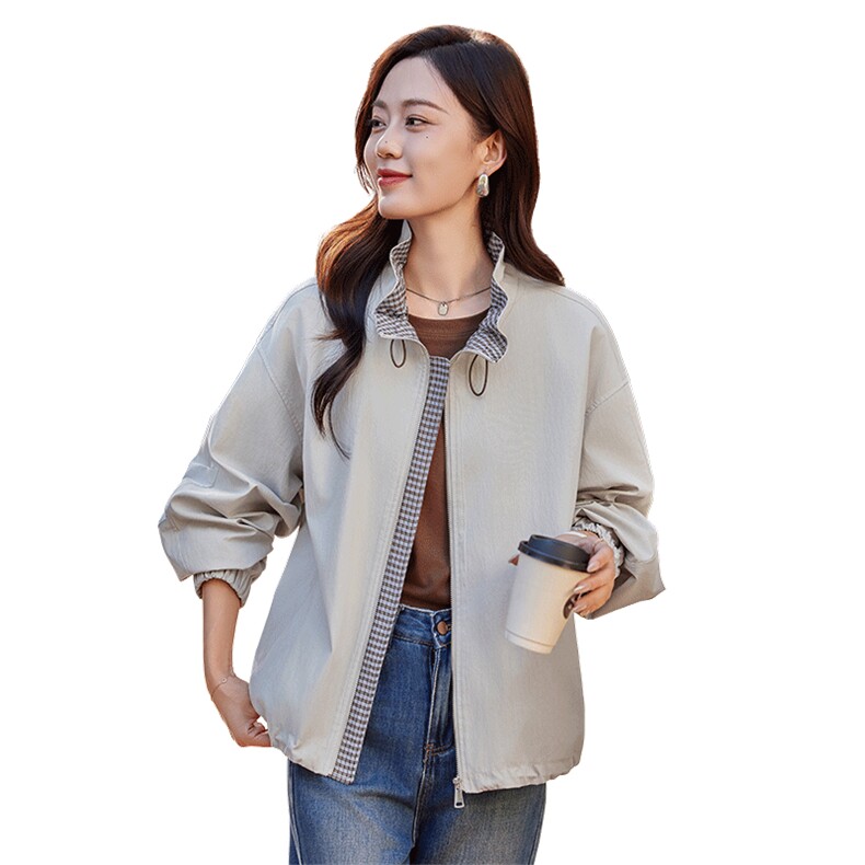 抽绳立领短款外套女2025秋新款宽松休闲穿搭格里韩版工装夹克风衣,女装短外套,靓衣阁