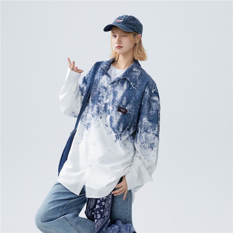 XZ-230-1CS526秋中性风宽松简约轻奢水墨扎染休闲长袖衬衫P50控68，男装衬衫，星座230-1