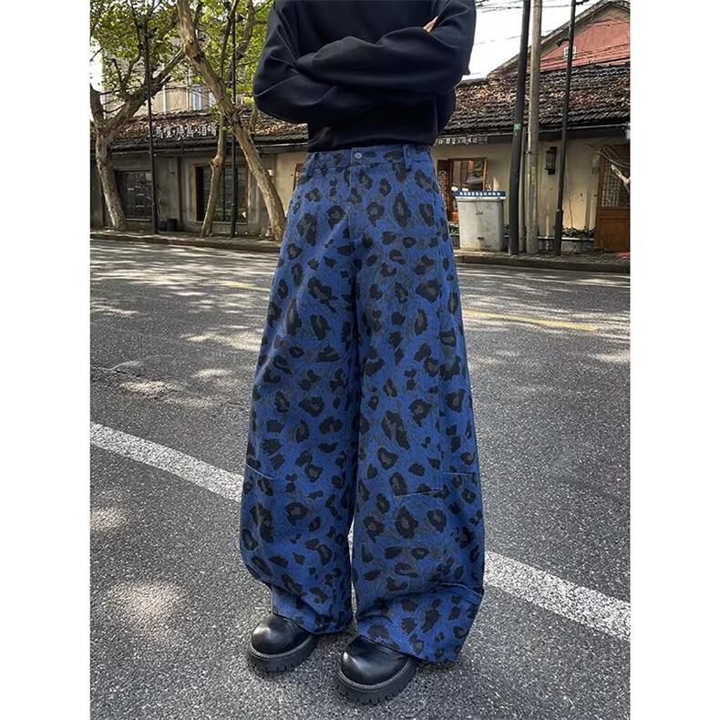 美式豹纹弯刀牛仔裤男女微喇小众2025秋季高街宽松显瘦休闲阔腿裤,男装牛仔裤,四季星座505