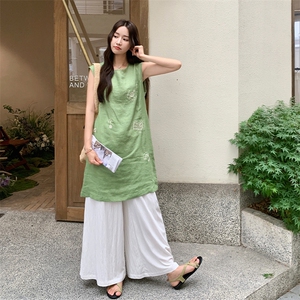 绿色无袖马甲连衣裙阔腿裤套装女夏文艺森系巨好看两件套爆款流行图片