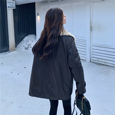 韩款羊羔毛翻领羽绒内胆皮衣外套女2025冬季新款时髦洋气保暖上衣，女装皮衣，艾米莉亚