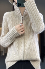 高领拉链100%纯羊毛开衫女秋冬款麻花长袖毛衣外套宽松羊绒衫上衣，女装羊毛衫，隆格羊绒