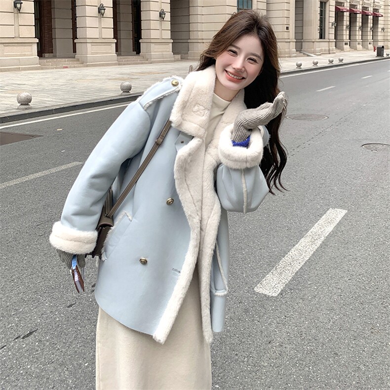 羊羔毛皮毛一体蓝色外套女冬季2025新款巨好看减龄高级感加厚棉服，女装皮草，2C159