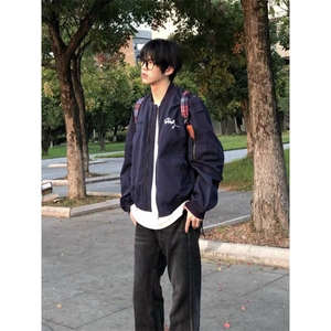 美式复古男女情侣藏青色飞行夹克简约宽松叠穿微短款外套春秋W178图片