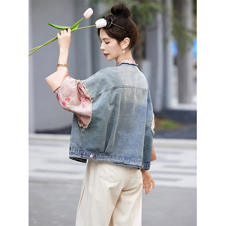 粉色国风印花拼接牛仔短外套女2024春秋新款设计感洋气超好看上衣,女装短外套,牡丹诺