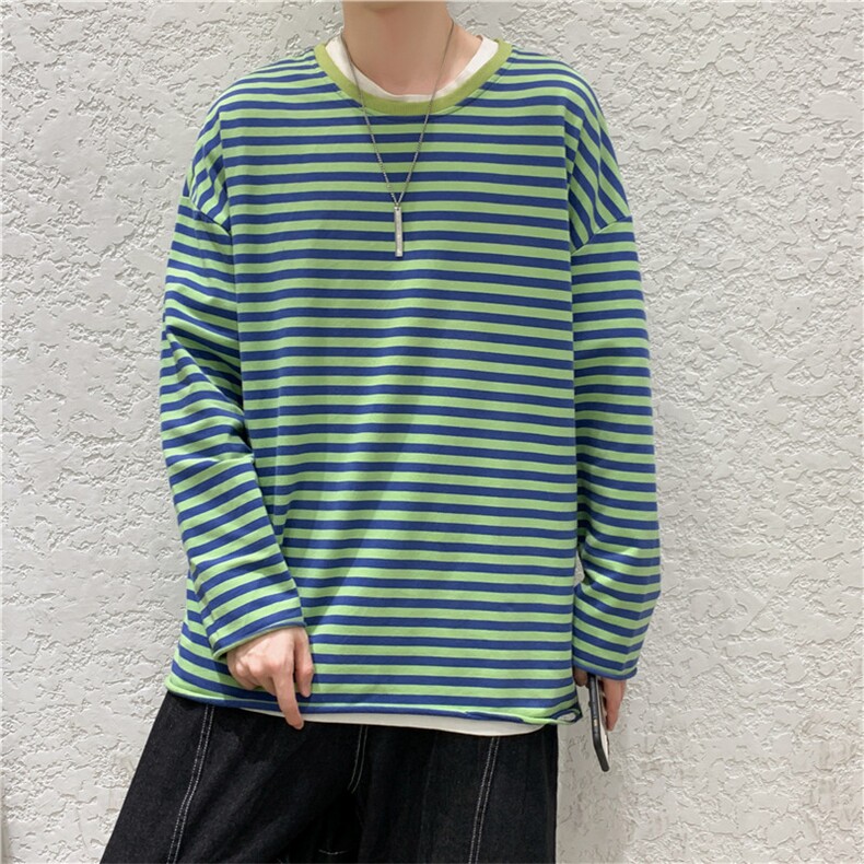 910A-T27-P25控38秋装条纹长袖T恤男女韩版宽松大码情侣打底衫潮,男装T恤,星座910A