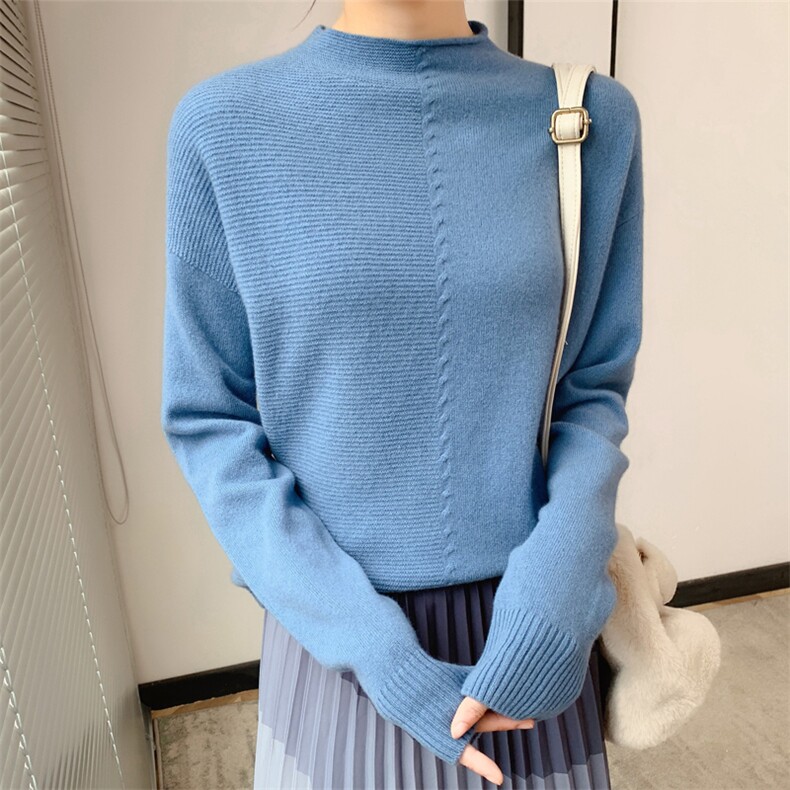 时尚百搭不对称领口女士羊毛衫显瘦修身长袖秋冬保暖针织衫,女装羊毛衫,洁纯羊绒