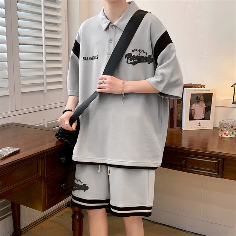 夏季港风短袖POLO衫短裤两件套男潮情侣半袖T恤运动套装6621-P65，男装T恤，电商A441-1