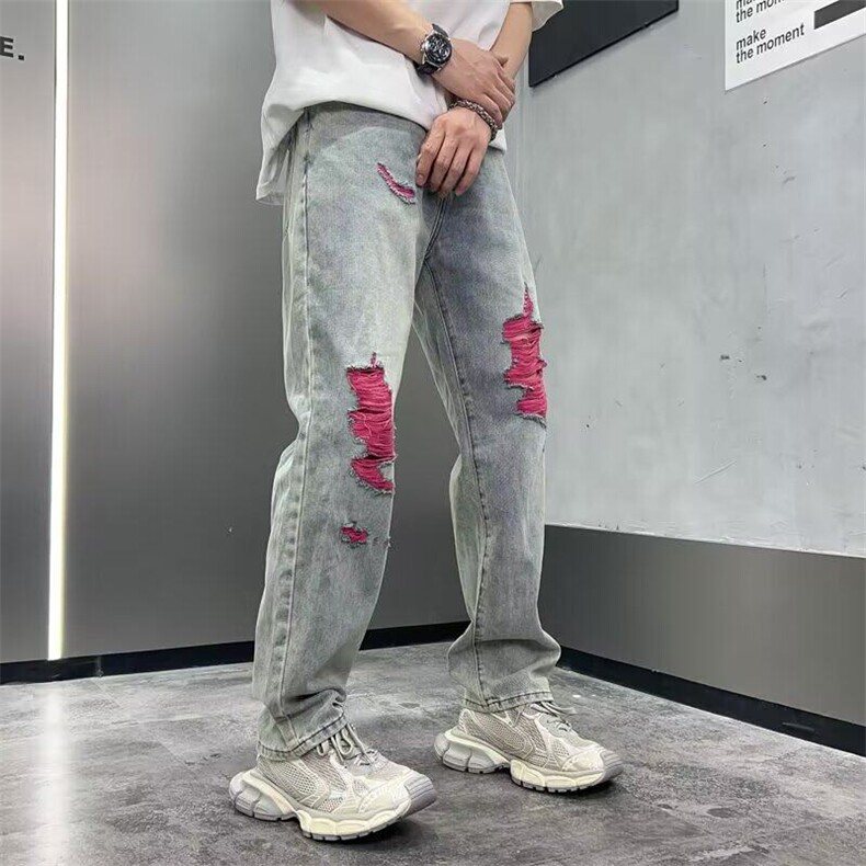网络图牛仔裤闪电破洞潮流牛仔裤夏季男宽松休闲百搭,男装牛仔裤,星座410-7