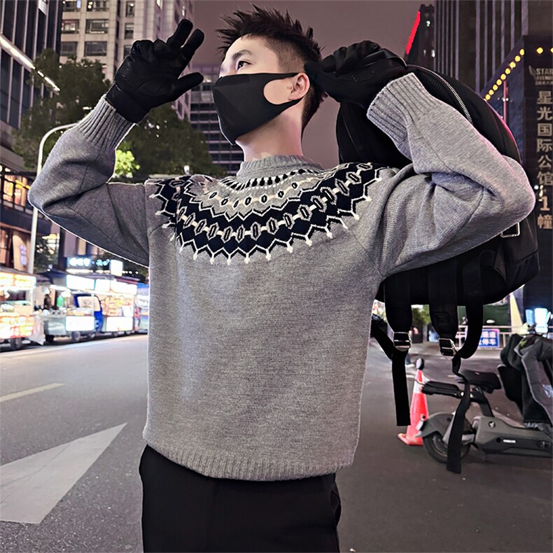 LV307/P88控118冬季美式复古费尔岛提花插肩松弛感毛衣男黑首1,男装针织衫/毛衣,星座305B