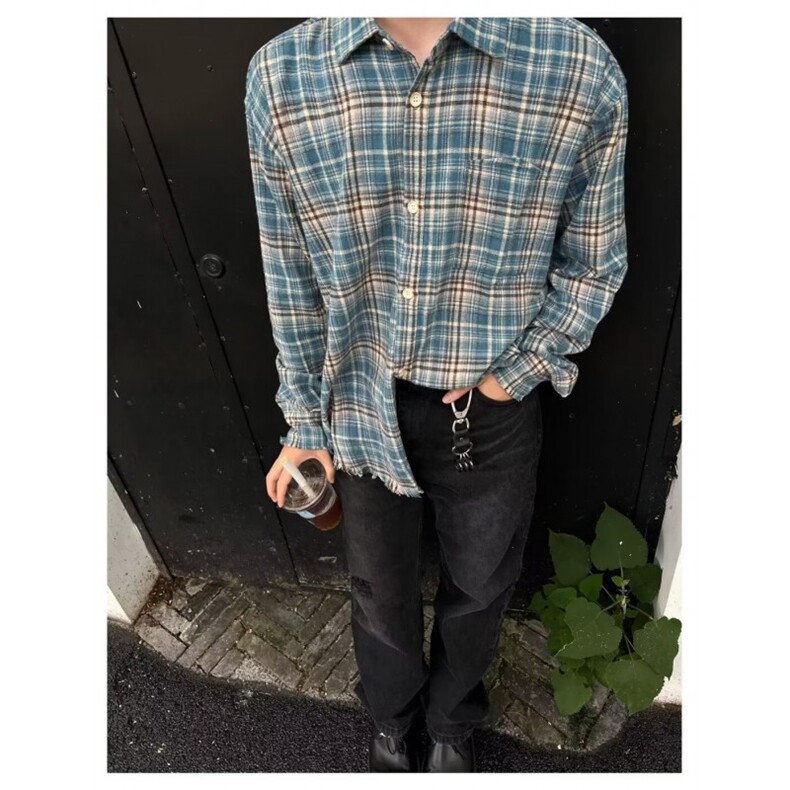 1506/QC050/P35美式高街潮牌复古格子新款宽松衬衣美式情侣外套,男装衬衫,星座1506