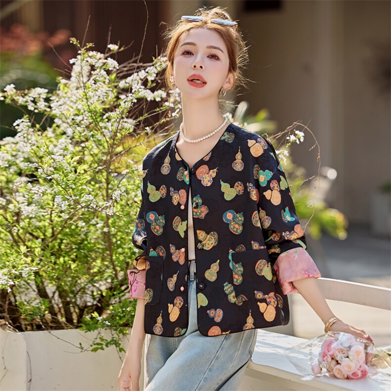 水衣源2713款双面穿奢贵新中式提花料圆领长袖时尚短款外套女,女装短外套,水衣源