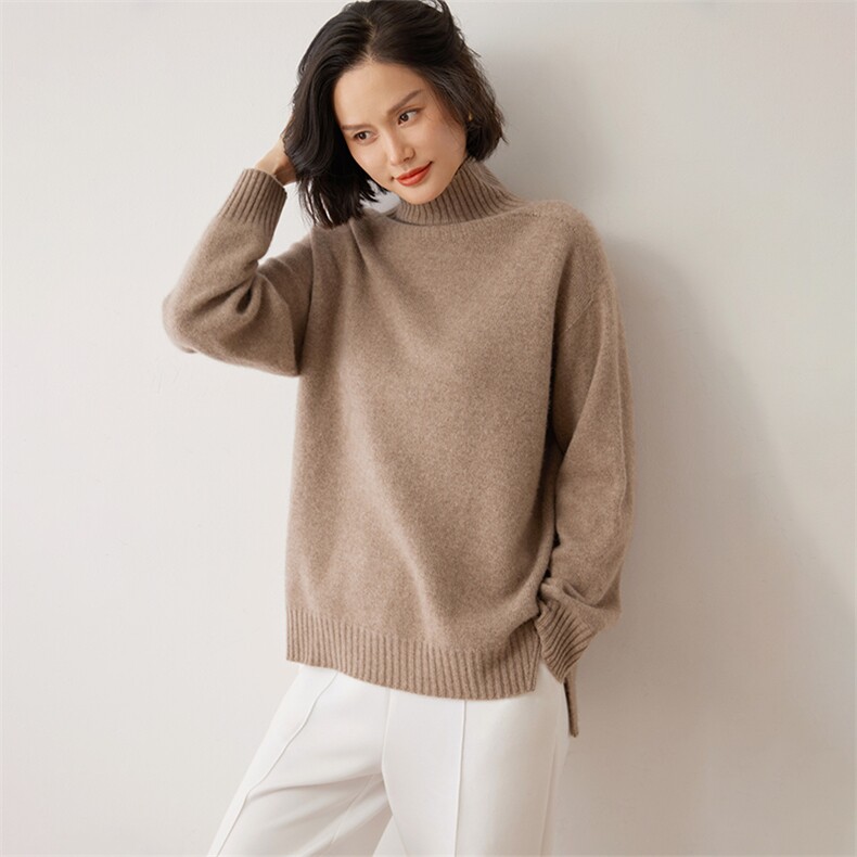 时尚女士羊绒衫高领宽松显瘦百搭保暖舒适优雅气质毛衣,女装羊绒衫,雪山红莲