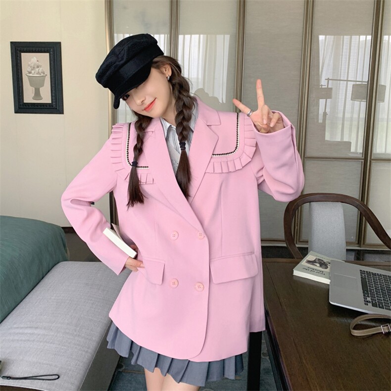 现货26新款秋装粉红色可脱卸木耳边小香风西装女182-8508P135K188,女装西装,帛香坊