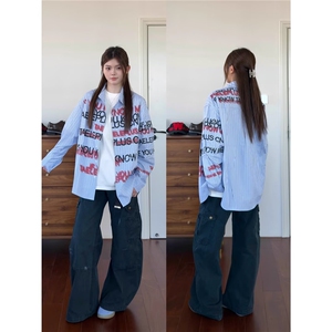 W10295-P50 网图现货 美式街头潮牌宽松重影字母印花竖条纹衬衫图片