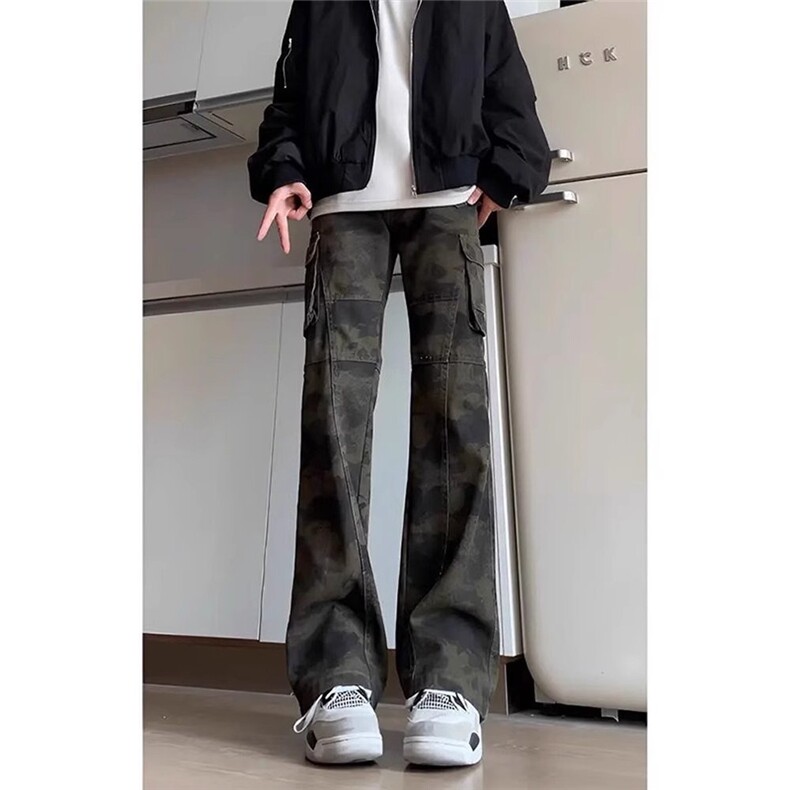 弯刀牛仔裤男款vibe迷彩工装裤子潮牌痞帅炸街微喇叭裤AMK55P51,男装牛仔裤,星座1013-5
