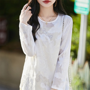 新中式复古缎面提花衬衣女士优雅简约圆领醋酸衬衫开叉打底衫上衣图片
