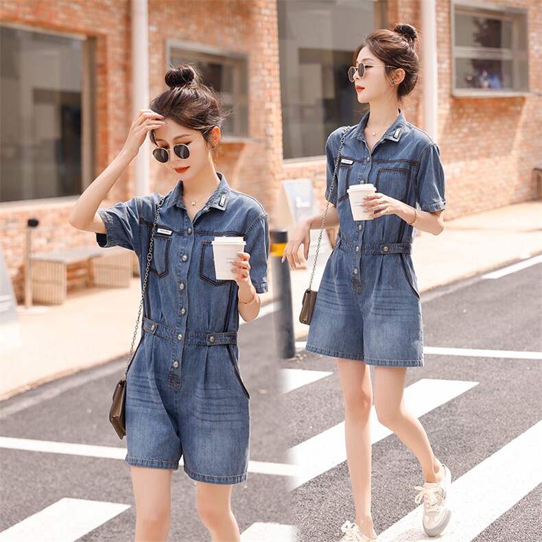 时尚显瘦牛仔连体裤女夏季新款高腰宽松短裤学生百搭休闲工装裤，女装连体裤，秋水欣儿